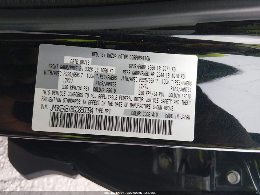 2016 Mazda Cx-5 VIN JM3KE4BY8G0860394 IAAI salvage auction — HAIL, Salvage (Illinois), sold $4,800 on 2026-07-28 (photo 9)