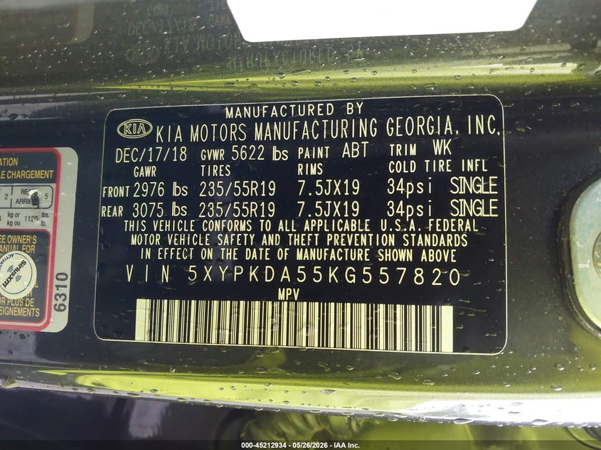2019 Kia Sorento VIN 5XYPKDA55KG557820 IAAI salvage auction — FRONT END, Salvage Title, sold $2,650 on 2026-07-14 (photo 9)