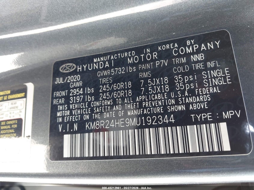 2021 Hyundai Palisade VIN KM8R24HE9MU192344 IAAI salvage auction — RIGHT SIDE, Salvage (California), sold $7,550 on 2026-07-20 (photo 9)