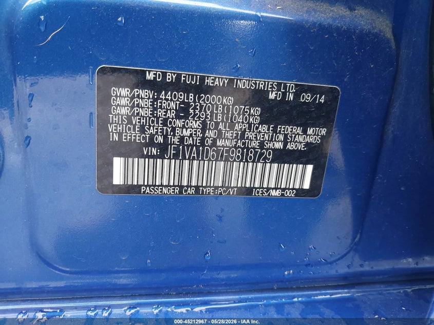 2015 Subaru Wrx VIN JF1VA1D67F9818729 IAAI salvage auction — FRONT END, Salvage Title, sold $2,900 on 2026-07-08 (photo 9)