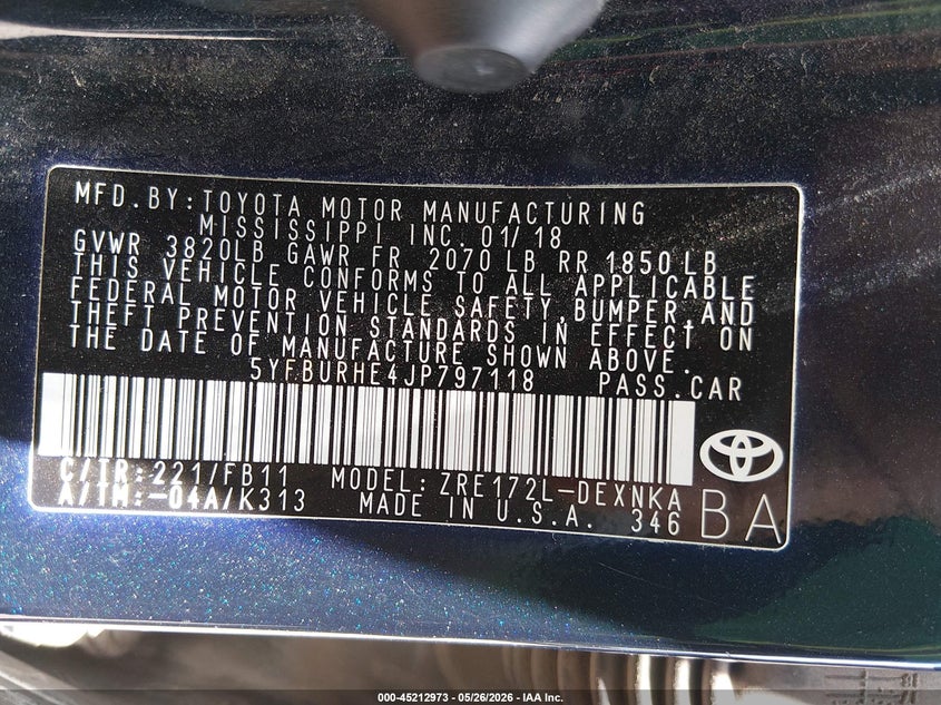 2018 Toyota Corolla VIN 5YFBURHE4JP797118 IAAI salvage auction — HAIL, Salvage (Kansas), sold $3,400 on 2026-07-31 (photo 9)