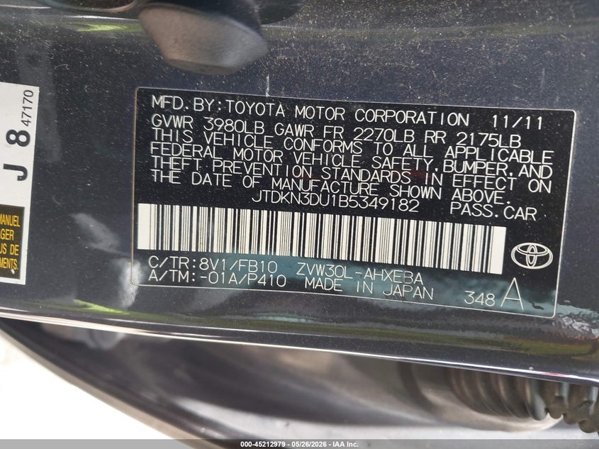 2011 Toyota Prius VIN JTDKN3DU1B5349182 IAAI salvage auction — RIGHT REAR, Salvage (California), sold $725 on 2026-07-08 (photo 9)