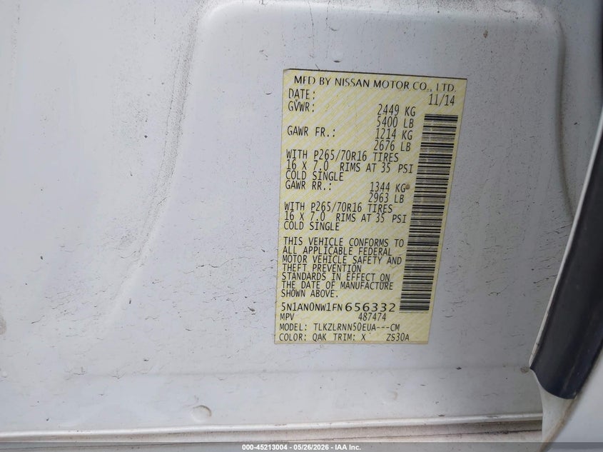 2015 Nissan Xterra VIN 5N1AN0NW1FN656332 IAAI salvage auction — FRONT END, Clear (Hawaii), sold $650 on 2026-07-23 (photo 9)