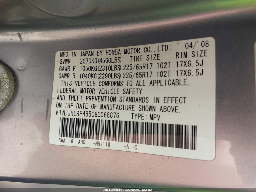 2008 Honda Cr-v VIN JHLRE48508C068876 IAAI salvage auction — LEFT FRONT, Salvage (Texas), sold $25 on 2026-07-27 (photo 9)
