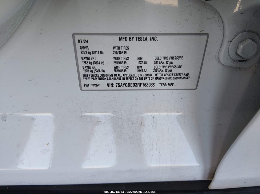 2024 Tesla Model y VIN 7SAYGDED3RF163938 IAAI salvage auction — RIGHT FRONT, Salvage (Arizona), sold $9,500 on 2026-07-30 (photo 9)