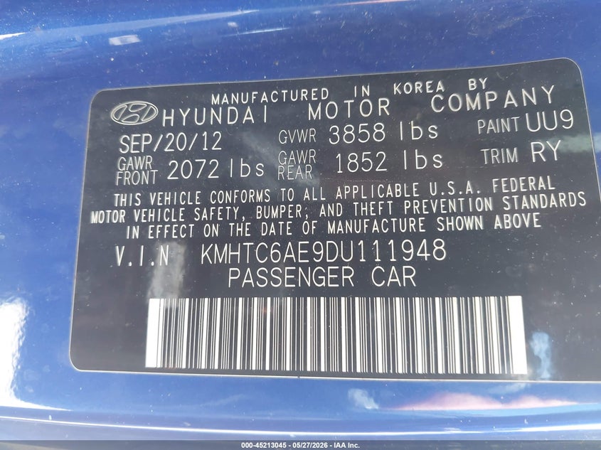 2013 Hyundai Veloster VIN KMHTC6AE9DU111948 IAAI salvage auction — NORMAL WEAR, Original (Ohio), sold $350 on 2026-07-14 (photo 9)