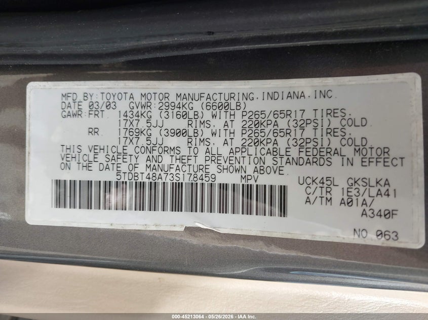 2003 Toyota Sequoia VIN 5TDBT48A73S178459 IAAI salvage auction — NORMAL WEAR, Clear (Massachusetts), sold $550 on 2026-07-28 (photo 9)