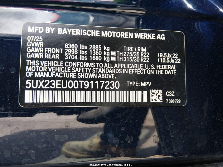 2026 BMW X5 VIN 5UX23EU00T9117230 IAAI salvage auction — FRONT END, Salvage Title, sold $39,250 on 2026-07-13 (photo 9)
