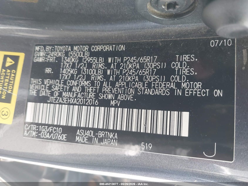 2010 Toyota Highlander VIN JTEZA3EHXA2012016 IAAI salvage auction — LEFT FRONT, Salvage (California), sold $1,800 on 2026-07-07 (photo 9)