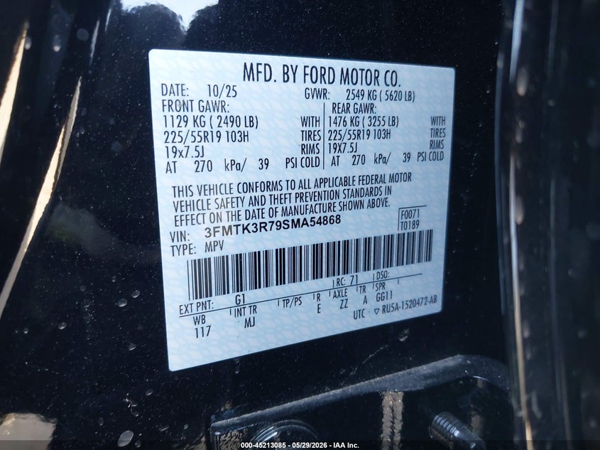 2025 Ford Mustang mach-e VIN 3FMTK3R79SMA54868 IAAI salvage auction — RIGHT REAR, Salvage Title, sold $12,600 on 2026-07-16 (photo 9)
