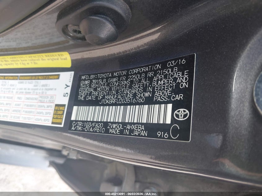 2016 Toyota Prius VIN JTDKBRFU2G3516760 IAAI salvage auction — REAR END, Salvage (Texas), sold $2,175 on 2026-07-14 (photo 9)