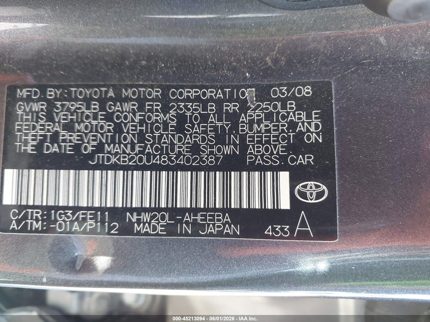 2008 Toyota Prius VIN JTDKB20U483402387 IAAI salvage auction — FRONT & REAR, Salvage (California), sold $300 on 2026-07-07 (photo 9)