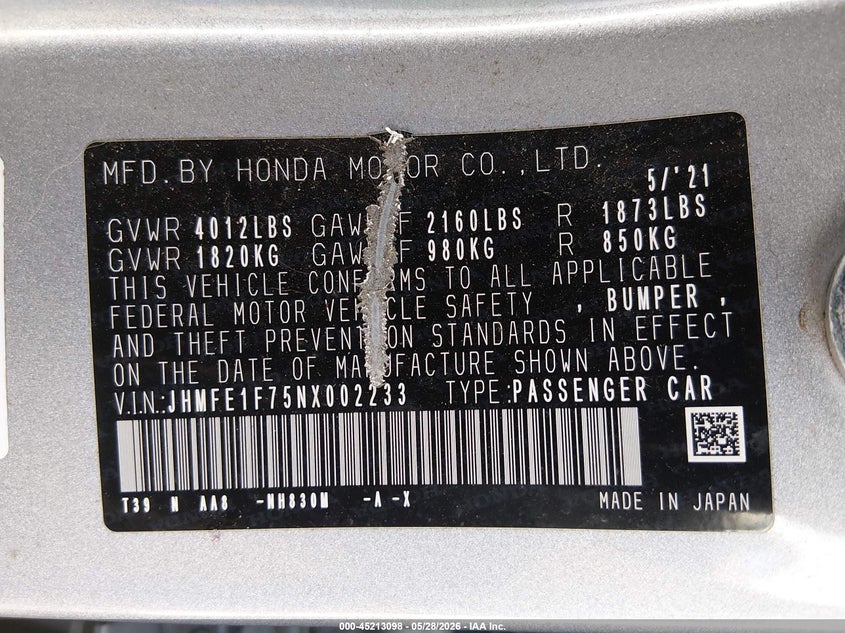 2022 Honda Civic VIN JHMFE1F75NX002233 IAAI salvage auction — RIGHT FRONT, Salvage (Oregon), sold $6,900 on 2026-07-06 (photo 9)