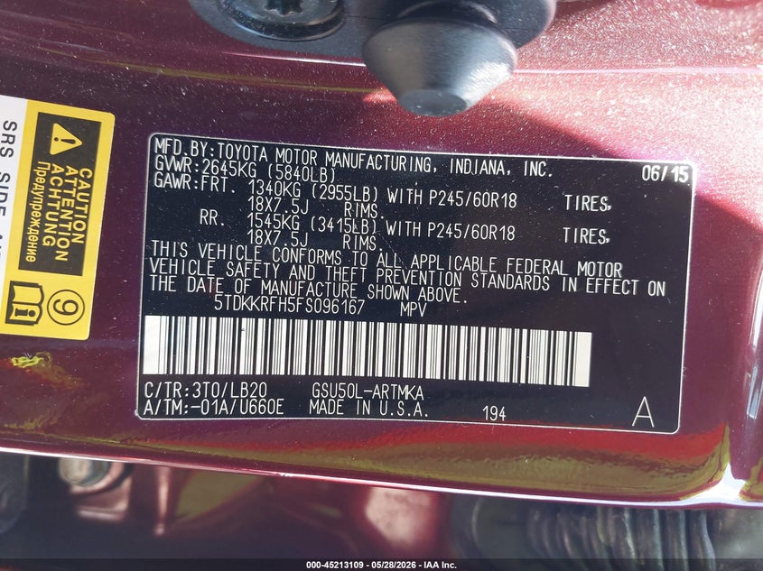 2015 Toyota Highlander VIN 5TDKKRFH5FS096167 IAAI salvage auction — FRONT END, Original (Texas), sold $9,775 on 2026-07-08 (photo 9)
