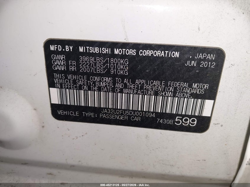 2013 Mitsubishi Lancer VIN JA32U2FU5DU001094 IAAI salvage auction — RIGHT FRONT, Salvage (Oregon), sold $300 on 2026-07-23 (photo 9)