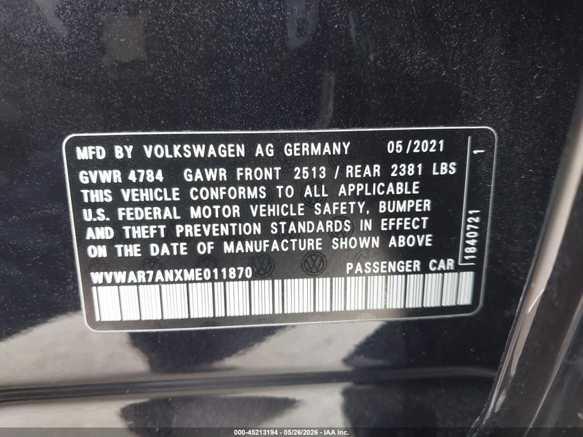 2021 Volkswagen Arteon VIN WVWAR7ANXME011870 IAAI salvage auction — UNDERCARRIAGE, Salvage Title, sold $8,600 on 2026-07-08 (photo 9)