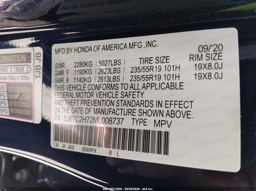 2021 Acura Rdx VIN 5J8TC2H72ML008737 IAAI salvage auction — REAR END, Salvage Title, sold $7,450 on 2026-07-21 (photo 9)