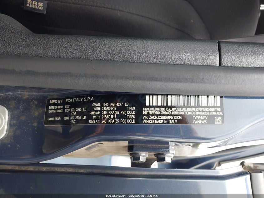 2021 Jeep Renegade VIN ZACNJCBB0MPN13734 IAAI salvage auction — REAR END, Salvage Title, sold $225 on 2026-08-13 (photo 9)