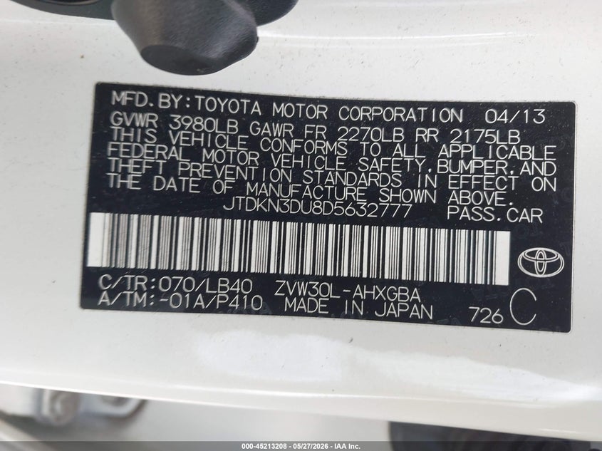 2013 Toyota Prius VIN JTDKN3DU8D5632777 IAAI salvage auction — SIDE, Salvage Title, sold $3,550 on 2026-08-02 (photo 9)