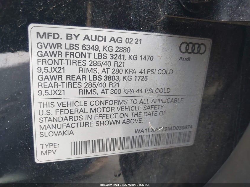2021 Audi Q7 VIN WA1LXAF79MD030674 IAAI salvage auction — REAR END, Salvage Title, sold $14,100 on 2026-07-10 (photo 9)