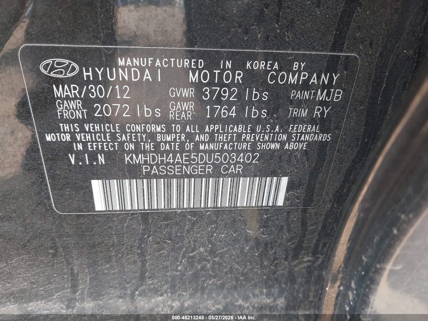 2013 Hyundai Elantra VIN KMHDH4AE5DU503402 IAAI salvage auction — THEFT, Prior Salvage (Minnesota), sold $375 on 2026-07-22 (photo 9)