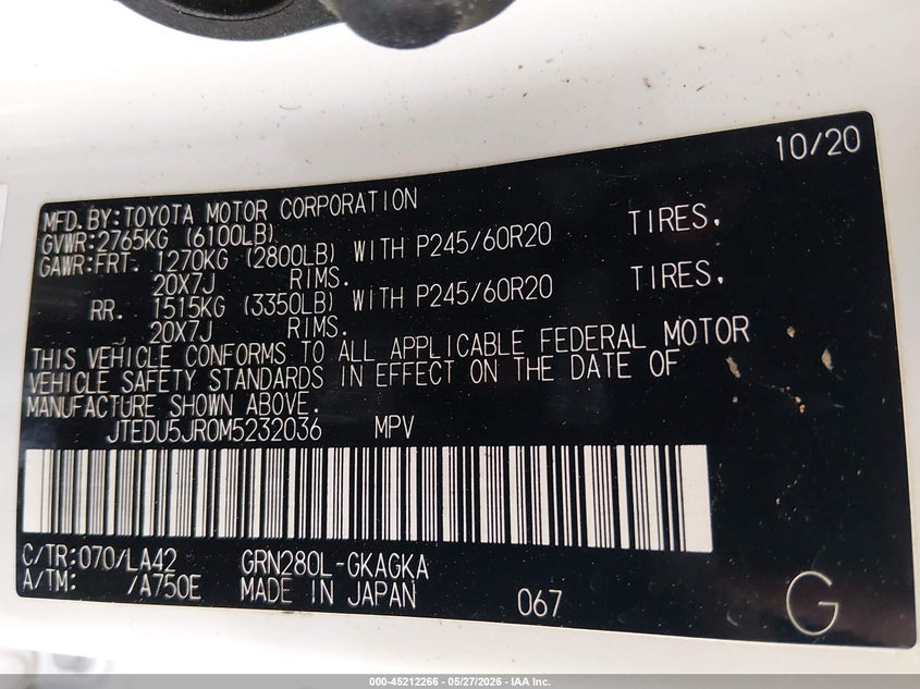 2021 Toyota 4runner VIN JTEDU5JR0M5232036 IAAI salvage auction — BIO HAZARD, Salvage Title, sold $4,225 on 2026-07-28 (photo 9)