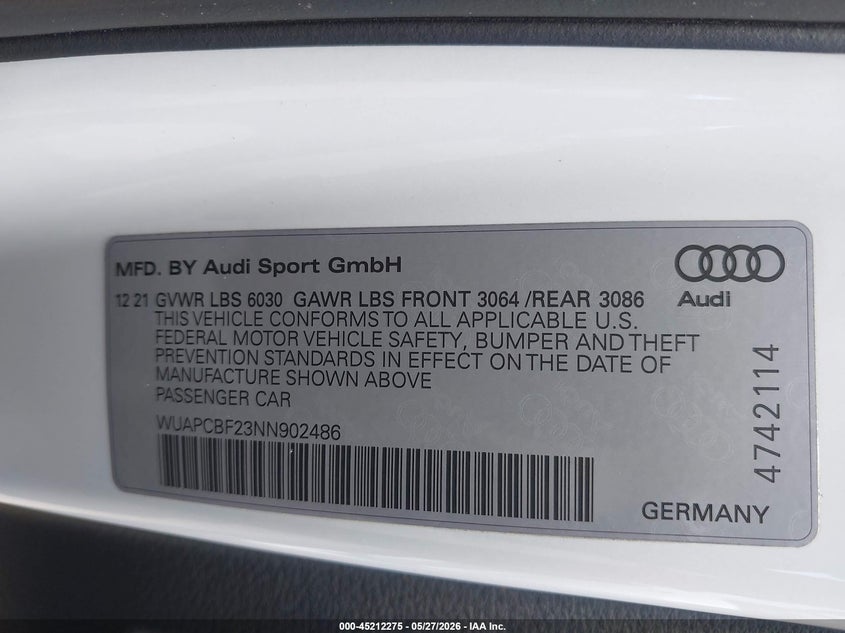 2022 Audi Rs7 VIN WUAPCBF23NN902486 IAAI salvage auction — FRONT END, Salvage Title, sold $27,000 on 2026-08-19 (photo 9)