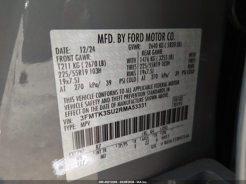 2024 Ford Mustang mach-e VIN 3FMTK3SU2RMA53331 IAAI salvage auction — RIGHT FRONT, Wait Title, sold $9,950 on 2026-08-20 (photo 9)