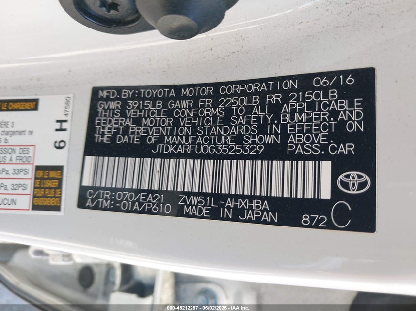 2016 Toyota Prius VIN JTDKARFU0G3525329 IAAI salvage auction — FRONT END, Salvage Title, sold $2,200 on 2026-07-05 (photo 9)