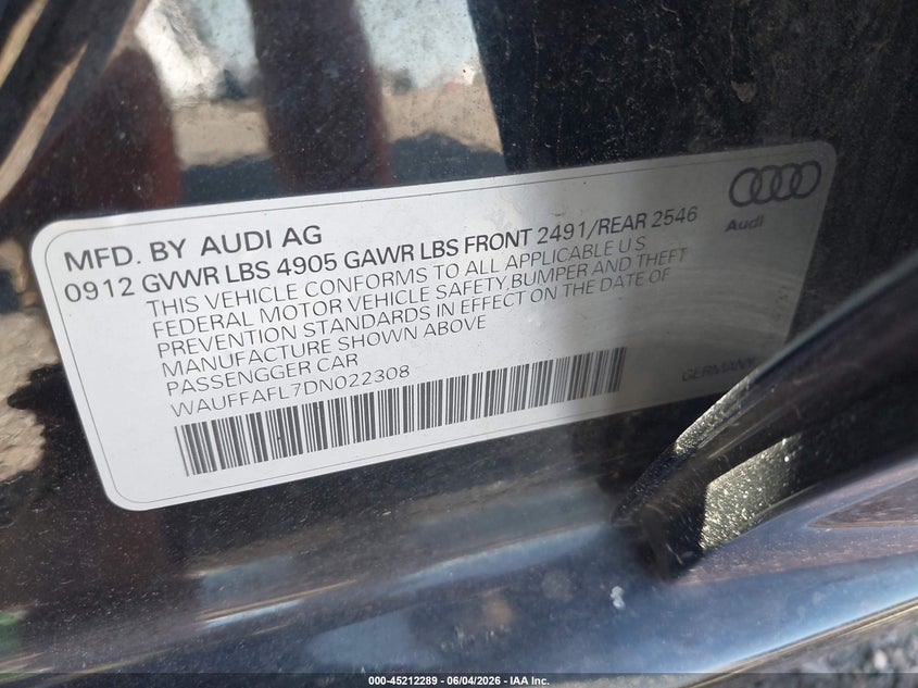 2013 Audi A4 VIN WAUFFAFL7DN022308 IAAI salvage auction — NORMAL WEAR, Clear (New York), sold $475 on 2026-07-21 (photo 9)