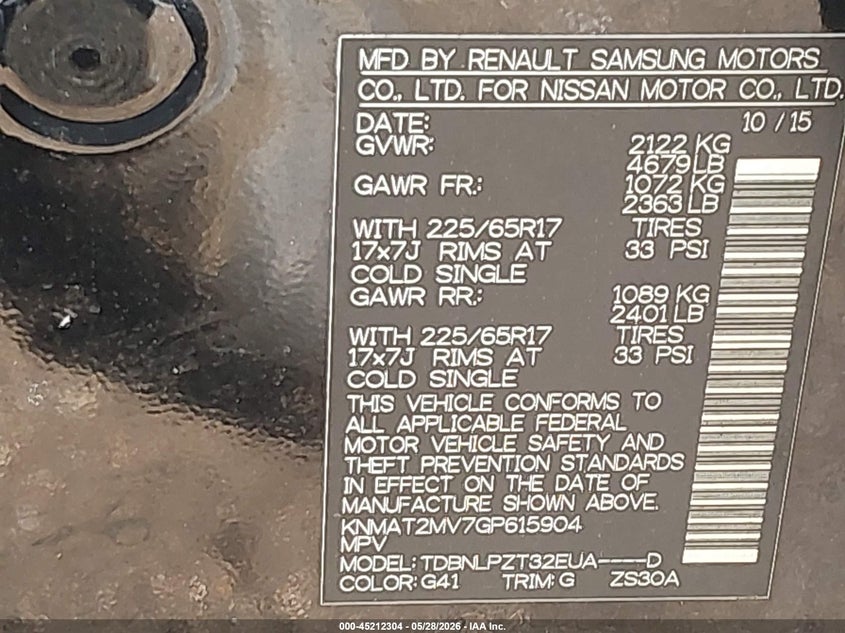 2016 Nissan Rogue VIN KNMAT2MV7GP615904 IAAI salvage auction — FRONT END, Salvage Title, sold $1,050 on 2026-07-13 (photo 9)