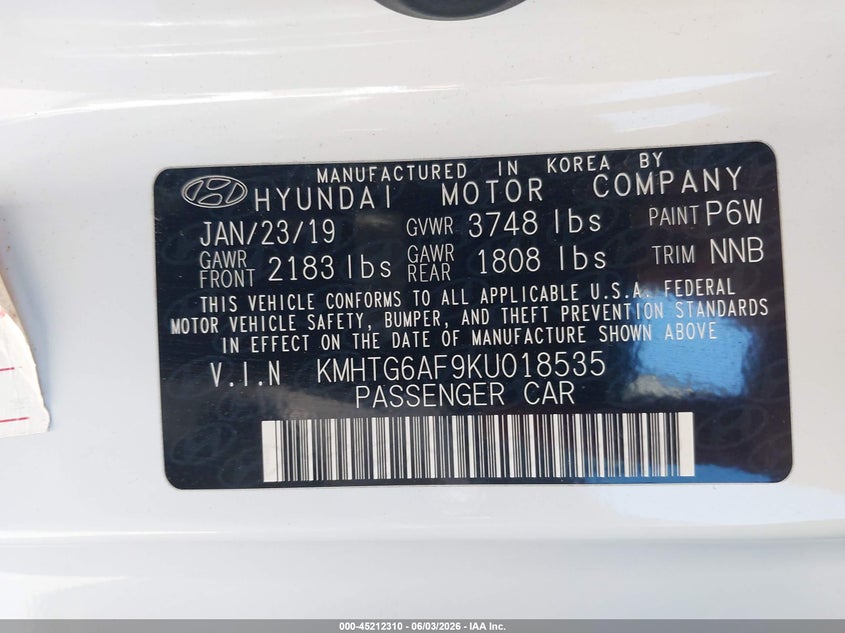 2019 Hyundai Veloster VIN KMHTG6AF9KU018535 IAAI salvage auction — REAR END, Salvage (Utah), sold $2,050 on 2026-07-30 (photo 9)