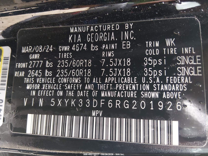 2024 Kia Sportage VIN 5XYK33DF6RG201926 IAAI salvage auction — LEFT & RIGHT, Salvage Title, sold $6,800 on 2026-07-29 (photo 9)
