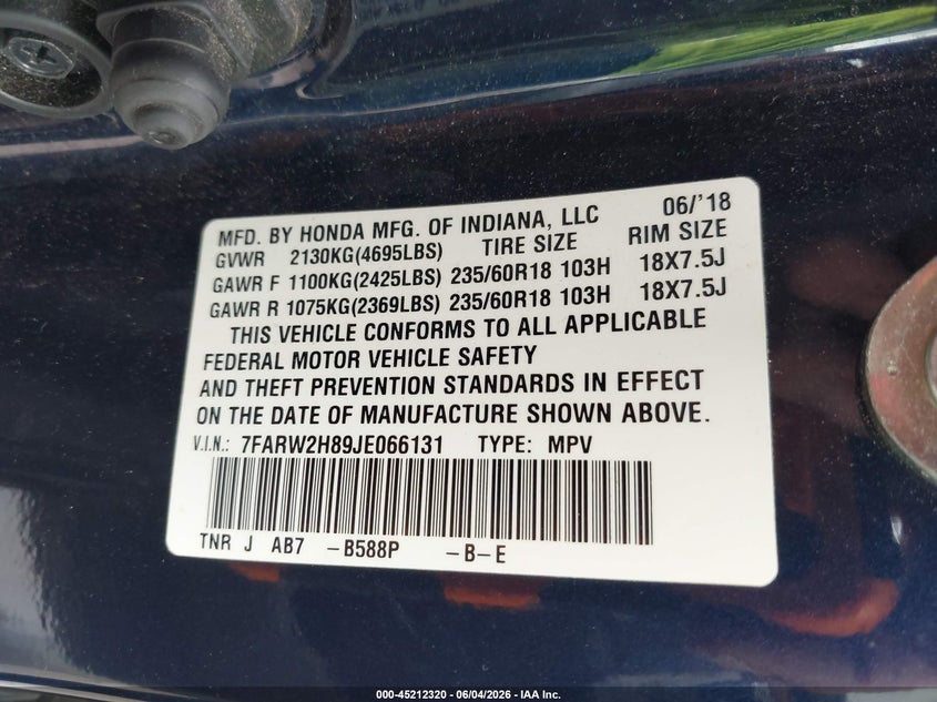 2018 Honda Cr-v VIN 7FARW2H89JE066131 IAAI salvage auction — FRONT & REAR, Salvage Title, sold $5,400 on 2026-07-05 (photo 9)