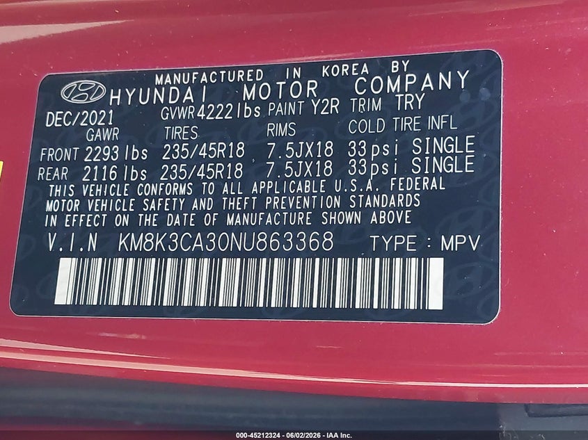 2022 Hyundai Kona VIN KM8K3CA30NU863368 IAAI salvage auction — LEFT FRONT, Bill Of Sale (Washington), sold $6,900 on 2026-07-08 (photo 9)