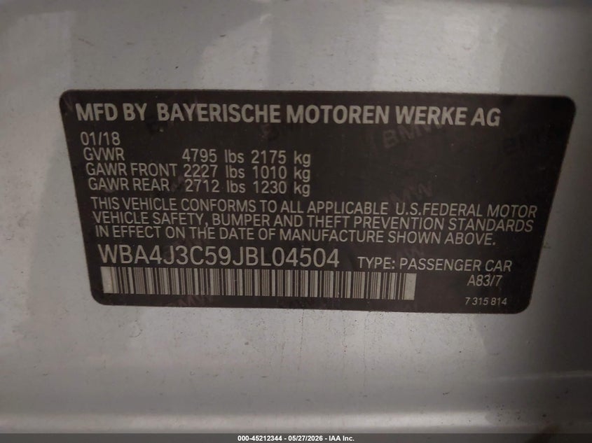 2018 BMW 4er VIN WBA4J3C59JBL04504 IAAI salvage auction — LEFT FRONT, Salvage Title, sold $5,550 on 2026-08-19 (photo 9)