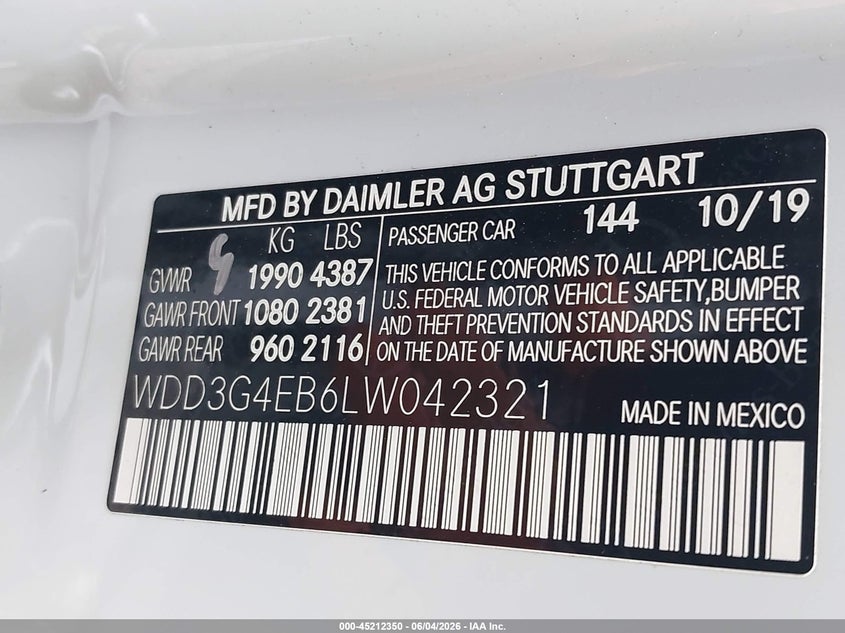 2020 Mercedes-benz A-klasse VIN WDD3G4EB6LW042321 IAAI salvage auction — ELECTRICAL, Salvage Title, sold $7,500 on 2026-07-29 (photo 9)