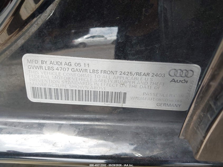 2011 Audi A4 VIN WAUAFAFL0BN056386 IAAI salvage auction — FRONT & REAR, Salvage (California), sold $200 on 2026-07-30 (photo 9)
