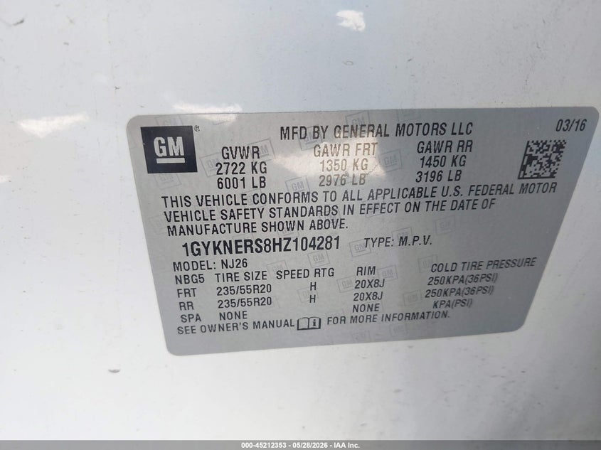 2017 Cadillac Xt5 VIN 1GYKNERS8HZ104281 IAAI salvage auction — HAIL, Salvage Title, sold $5,100 on 2026-07-28 (photo 9)