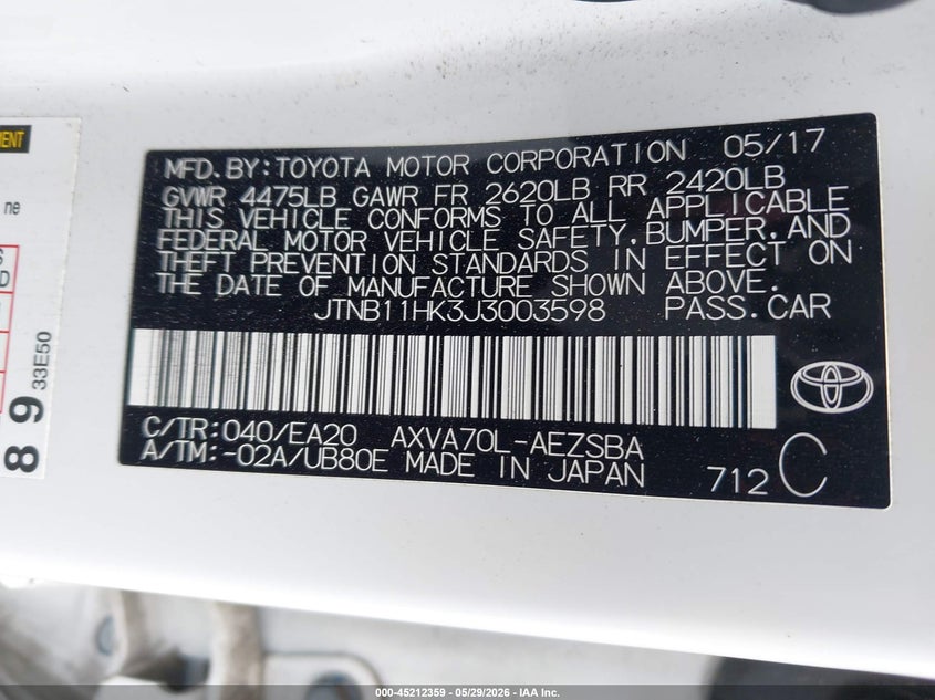 2018 Toyota Camry VIN JTNB11HK3J3003598 IAAI salvage auction — REAR END, Salvage Title, sold $6,400 on 2026-07-08 (photo 9)