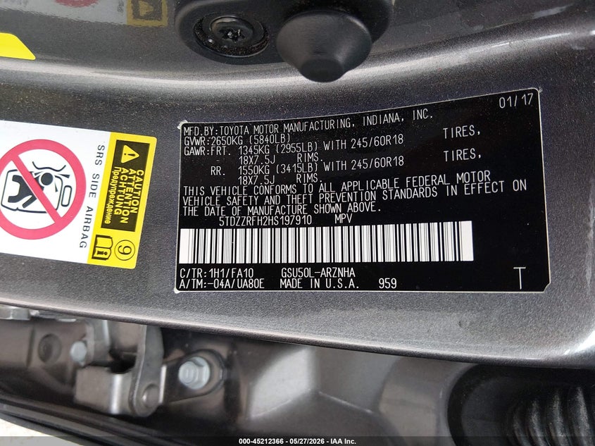 2017 Toyota Highlander VIN 5TDZZRFH2HS197910 IAAI salvage auction — FRONT & REAR, Salvage (Louisiana), sold $6,100 on 2026-07-29 (photo 9)