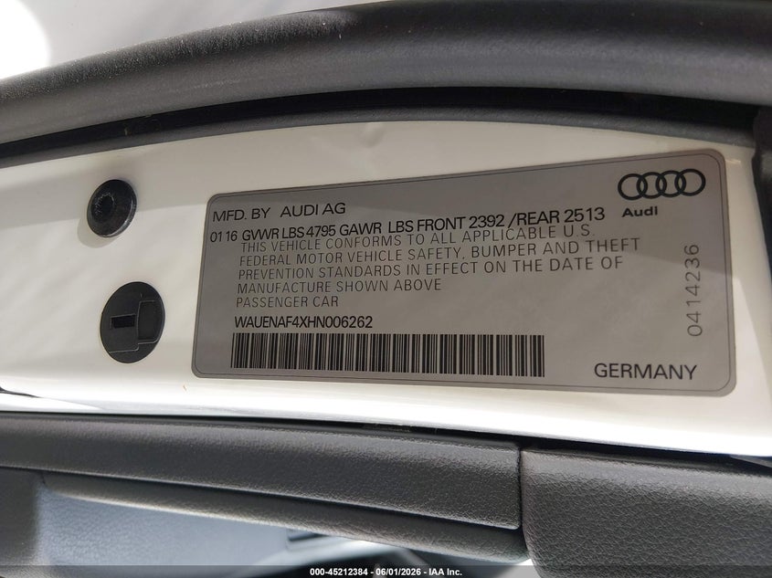 2017 Audi A4 VIN WAUENAF4XHN006262 IAAI salvage auction — HAIL, Salvage Title, sold $6,400 on 2026-07-21 (photo 9)