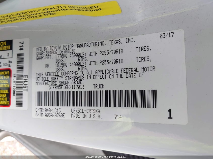 2017 Toyota Tundra VIN 5TFRM5F16HX117013 IAAI salvage auction — FRONT & REAR, Salvage Title, sold $5,400 on 2026-07-08 (photo 9)