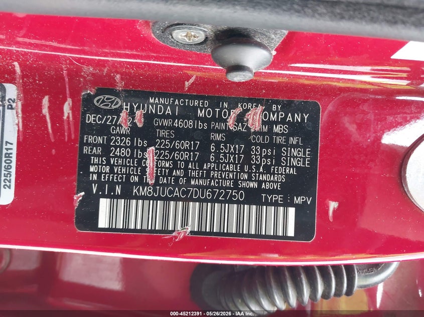 2013 Hyundai Tucson VIN KM8JUCAC7DU672750 IAAI salvage auction — FRONT END, Salvage Title, sold $1,650 on 2026-07-22 (photo 9)