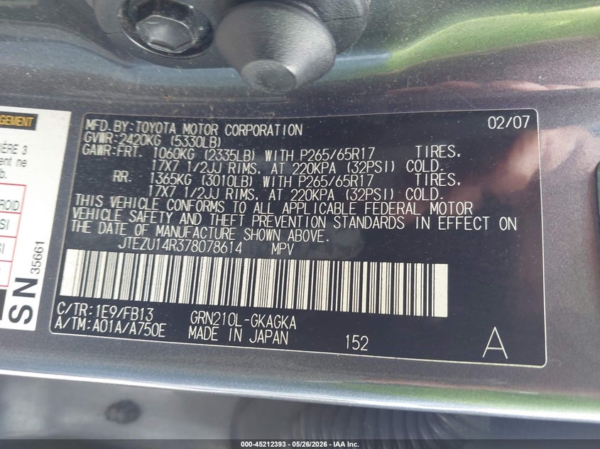 2007 Toyota 4runner VIN JTEZU14R378078614 IAAI salvage auction — REAR END, Clear - Dealer Only (California), sold $2,100 on 2026-07-22 (photo 9)
