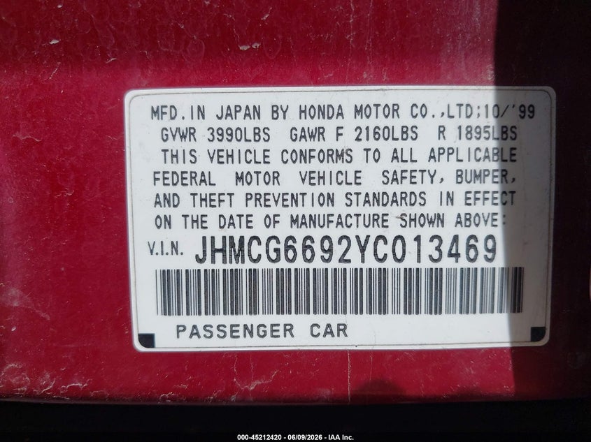 2000 Honda Accord VIN JHMCG6692YC013469 IAAI salvage auction — UNKNOWN, Salvage (Utah), sold $150 on 2026-07-13 (photo 9)