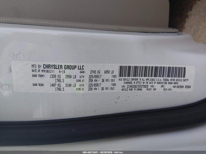 2014 Dodge Grand caravan VIN 2C4RDGBG7ER379929 IAAI salvage auction — NORMAL WEAR, Sf97 (Mississippi), sold $9,600 on 2026-07-16 (photo 9)