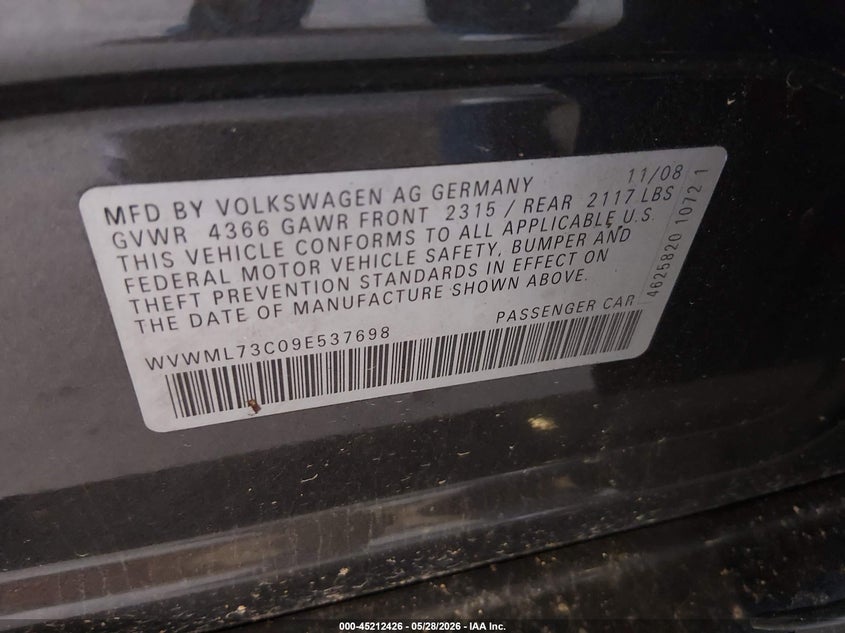 2009 Volkswagen Passat cc VIN WVWML73C09E537698 IAAI salvage auction — FRONT END, Clear (Florida), sold $300 on 2026-07-06 (photo 9)