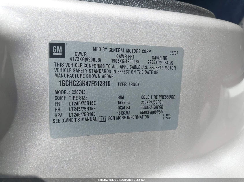 2007 Chevrolet Silverado VIN 1GCHC23K47F512810 IAAI salvage auction — RIGHT FRONT, Salvage Certificate (California), sold $2,075 on 2026-07-31 (photo 9)