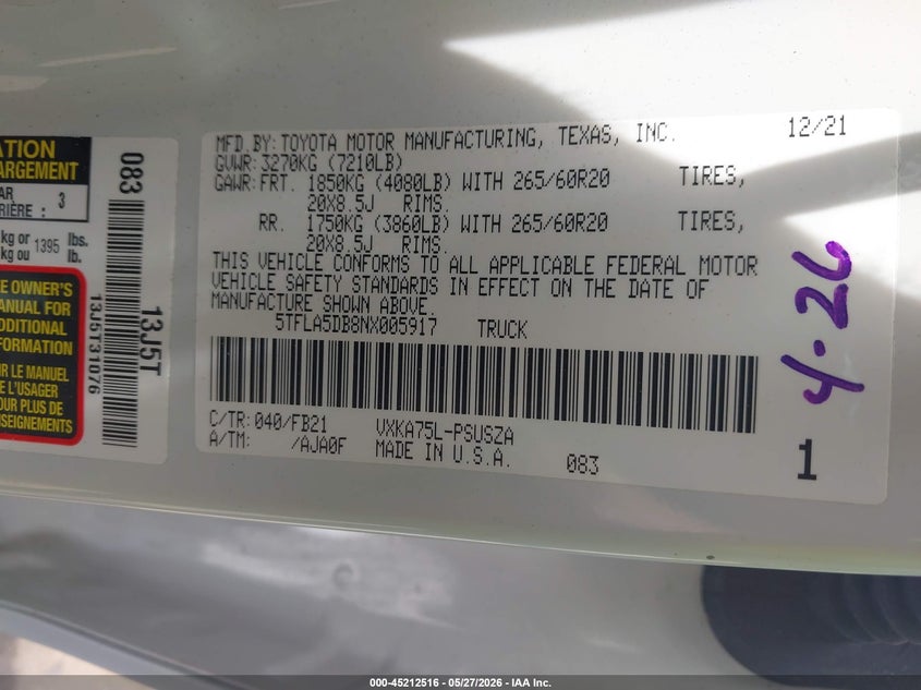 2022 Toyota Tundra VIN 5TFLA5DB8NX005917 IAAI salvage auction — ROLLOVER, Salvage Title, sold $4,050 on 2026-07-21 (photo 9)